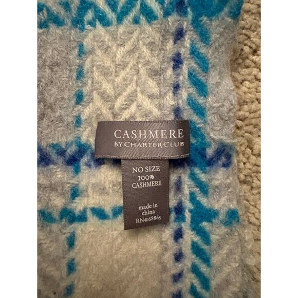 Cashmere Plaid Scarf By Charter Club Blue Tan Cream Warm Cozy Soft - Picture 2 of 3